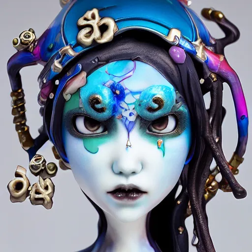 Image similar to by Yoshitaka Amano, by James Jean, by Good Smile Company, detailed resin anime sculpture of a 26yo female jester necromancer wearing a skull hat, close up dslr studio photograph, headshot, portrait, artstation, sci fi futuristic costume, rim lighting
