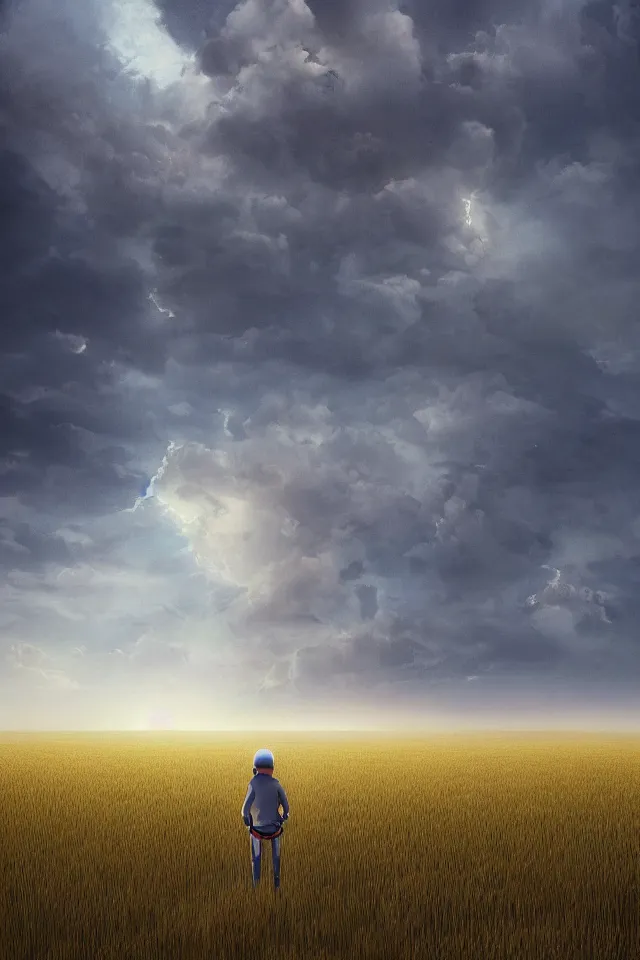 Image similar to realistic photo of the back view of one robotic kid on the ground, vast wheat fields, many distant tall buildings far away, by christopher balaskas, godrays, atmospheric, cinematic, distant world, wide angle, detailed