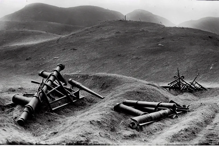 Image similar to ww 1 artillery pieces entrenched with a beautiful background of hills and mountains, black and white photography, 1 9 0 5