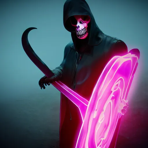 Image similar to hyper realistic neon grimm reaper holding a scythe, photorealistic cinematic render, octane render, cyberpunk graveyard with fog atmosphere