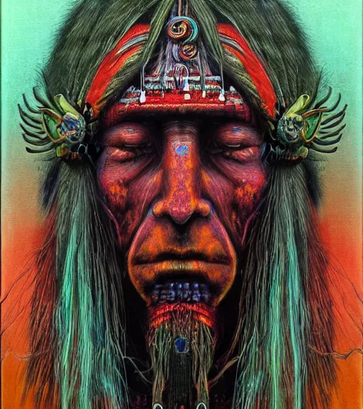 Image similar to Portrait painting in a style of Beksinski mixed with Alex Grey of an old shaman dressed in a colorful traditional clothes.