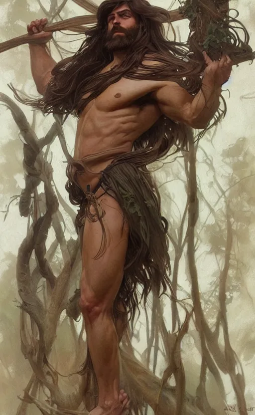 Image similar to God of the forest, male, shoulder-length hair, gorgeous, amazing, muscular, intricate, highly detailed, digital painting, artstation, concept art, sharp focus, illustration, art by greg rutkowski and alphonse mucha