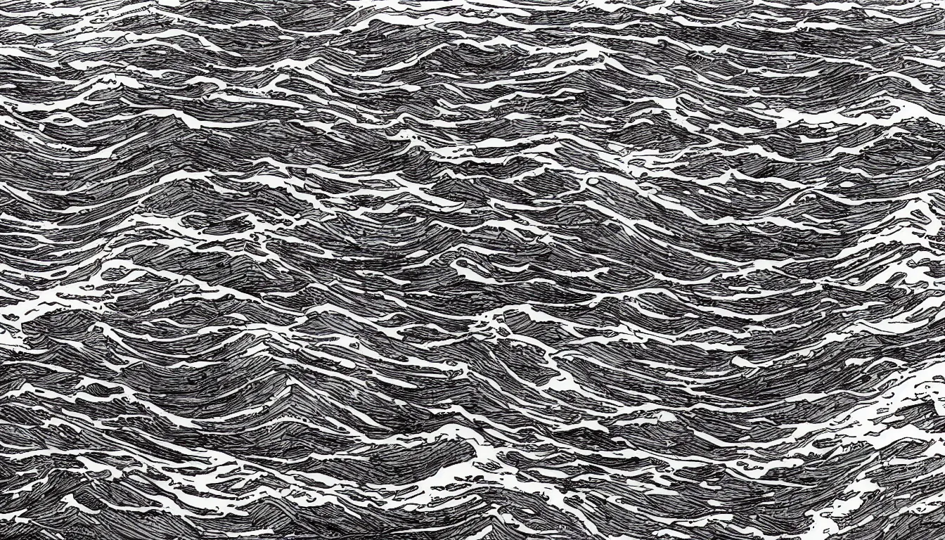 Prompt: huge ocean oceanscape drawing by Moebius, minimalist, detailed, black and white drawing