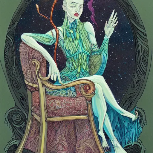 Prompt: acrylic painting, art in the style of Terry Moore, Moebius and Mohrbacher, a portrait of an elder fairy asleep on a chair, her wand and accessories beside her.