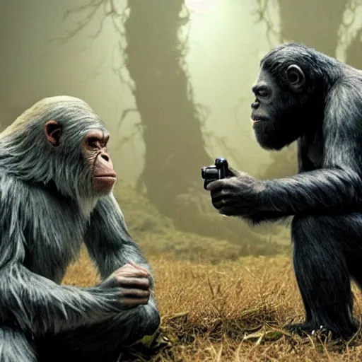 Image similar to film still of the 2 0 1 2 science fiction movie'apes in outer space '.