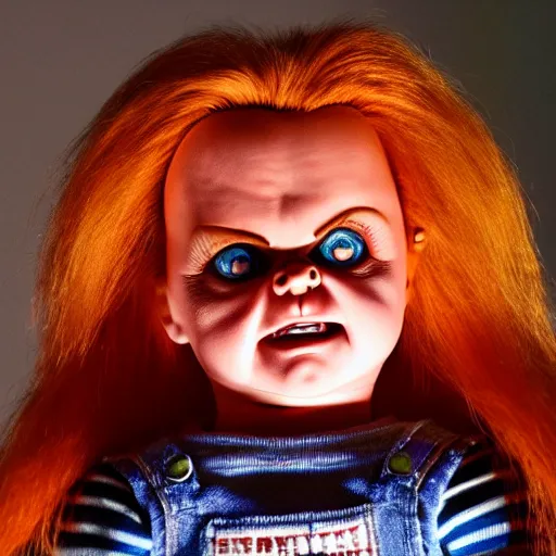 Image similar to Chucky the killer doll from the movie Child's Play scary movie still 8k hdr creepy lighting