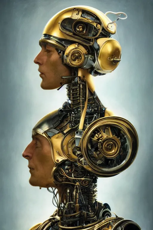 Image similar to a beautiful ultradetailed vintage photo of a futuristic cybernetic cyborg male wearing a toque chef hat, by tom bagshaw and anna dittman, portrait, 3 5 mm lens, golden ratio composition, detailed face, studio photography, very detailed, humanoids, industrial robots, artstation, 8 k, highly coherent