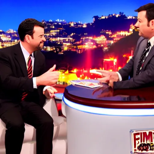 Image similar to Jimmy Kimmel interviewing Freddy Fazbear, tv show, television,