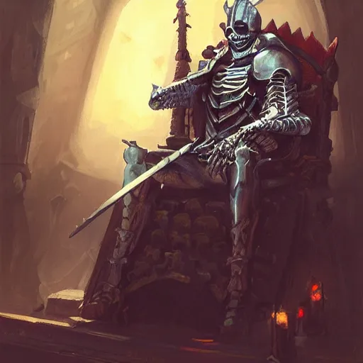 Prompt: Skeleton King wearing plate armour, resting on his throne, oil painting, by Fernanda Suarez and Greg Rutkowski