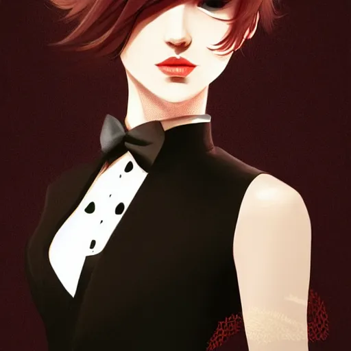 Image similar to girl in tuxedo with black chaotic wavy short haircut, elegant, 2d, ultra highly detailed, digital painting, smooth, sharp focus, artstation, art by Ilya Kuvshinov