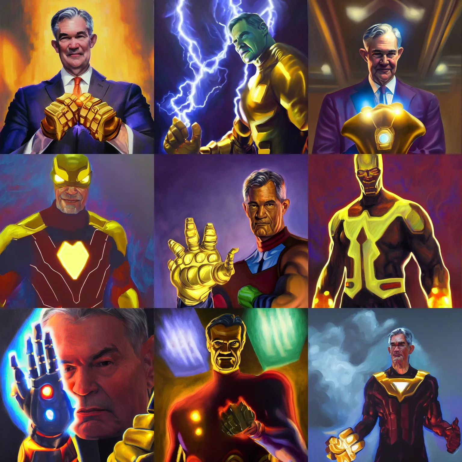 Prompt: oil painting of jerome powell with the infinity gauntlet, dramatic lighting and composition, trending on artstation, concept art, comic book