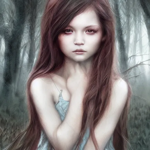Prompt: dark forest child girl portrait by ross tran, fantasy, artwork, highly detailed face, sharp focus, forest, fog