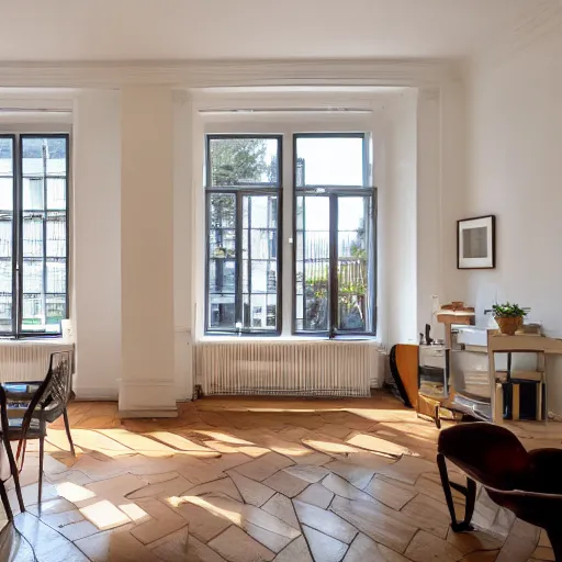 Prompt: hd photo of a vast room in a flat, designed by henri matisse, daylight, whitespace, excellent lighting, high detail 8 km photorealism