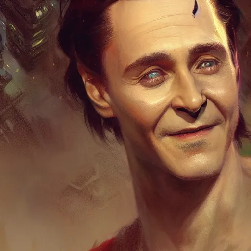 Prompt: loki, smirk, award winning, paint detailed digital artstation, close up, portrait hd 4 k, by monet and greg rutkowski and gaston bussiere and craig mullins and j. c. leyendecker, hd 1 1. 0