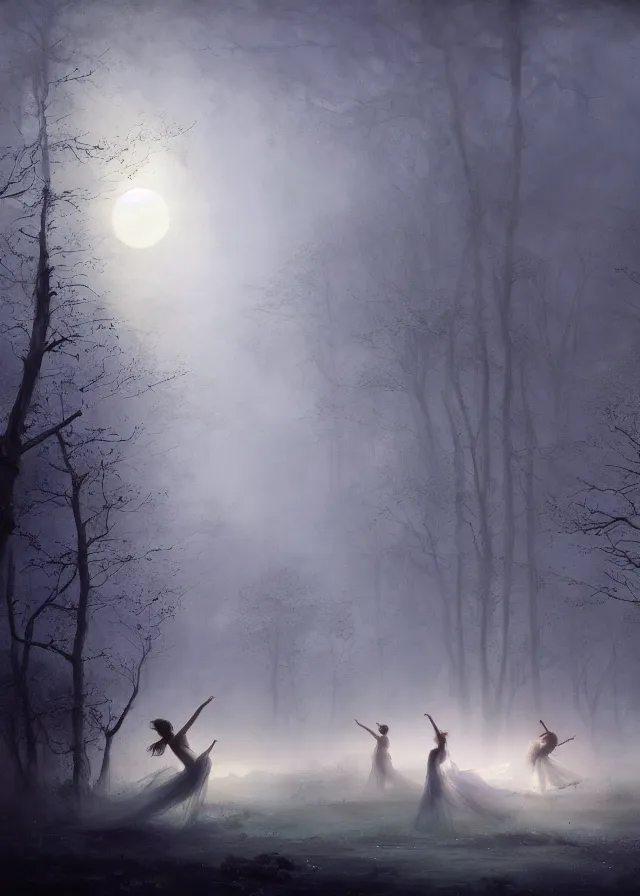 Prompt: dancers in white lit only by the moon, contemporary dance in the forbidden forest, the twilight dance of the fae by aleksi briclot, greg rutkowski and ivan aivazovsky, contemporary dance, volumetric, solstice, atmospheric, watercolor, surrealist, artstation,