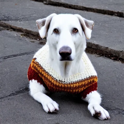 Image similar to photo realistic white and brown danish-Swedish farm dog wearing a knitted sweater, epic,