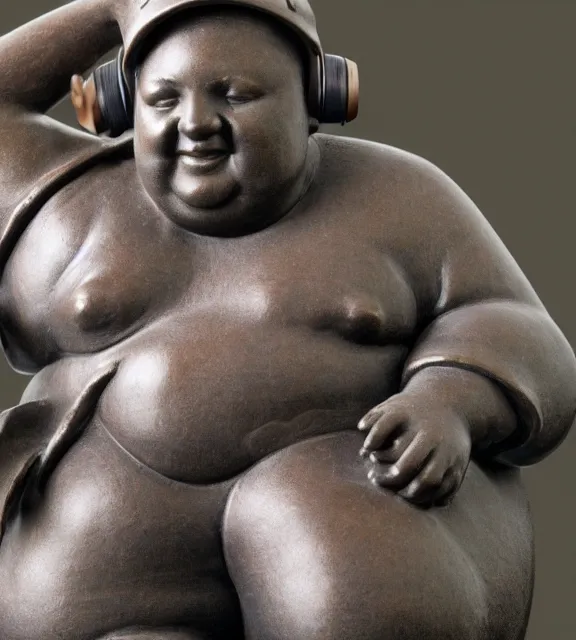 Prompt: a 4 k photorealistic photo medium shot of a bronze statue of a obese young man wearing headphones.