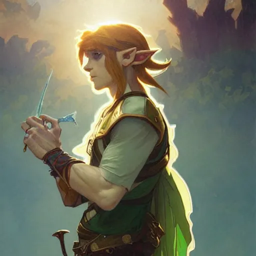 Prompt: Stunning portrait of a young Link from the Legend of the Zelda. Art by Greg Rutkowski and Alphonse Mucha