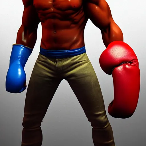 Image similar to demon hero, made by Tomohiro Shimoguchi,colored ,boxing gloves,worn pants ,ArtStation, CGSociety