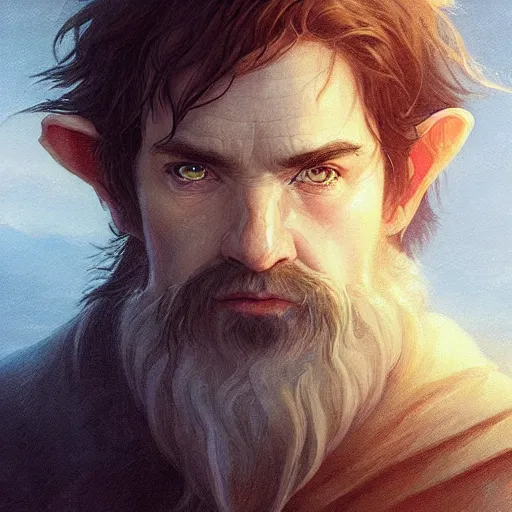 Prompt: masterpiece portrait of a hobbit with a big nose, Cinematic lightning, D&D, fantasy, highly detailed, digital painting, sharp focus, illustration, art by artgerm and greg rutkowski and magali villeneuve