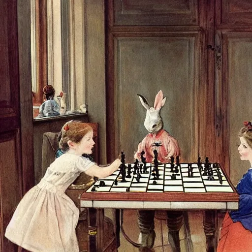 Prompt: a rabbit and a young edwardian woman playing chess in a room, in the style of carl larsson