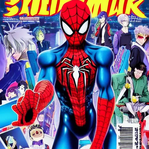 Prompt: Anime key visual of Cyberpunk ninja Spider-Man in a colorful blue and scarlet suit, wearing a scarlet hoodie, riding a skateboard in Berlin, official media drawn by Hirohiko Araki, anime magazine cover, manga cover, shonen jump cover, in the style of JOJO’s bizarre adventure, Hirohiko Araki artwork