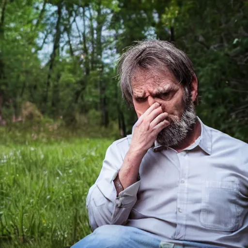 Prompt: A feral psychiatrist in his natural habitat. He is in his forties and wearing a dirty torn white shirt. 4K, National Geographic photograph