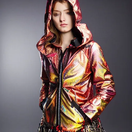 Prompt: catwalk photo of an asymetric shiny steampunk hooded jacket is textured with multicolored paisley, big glowing red collar, huge shoulders - w 1 0 2 4 - h 1 0 2 4 - n 4 - s 1 5 0