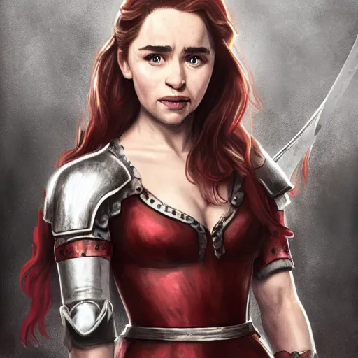 Prompt: emilia clarke, as a medieval fantasy character, with dark reddish hair, wearing light, silver armor and red clothing, tan complexion, holding a longsword, smiling, noble, cinematic, gloomy background, realistic, digital art, character art, 8 k