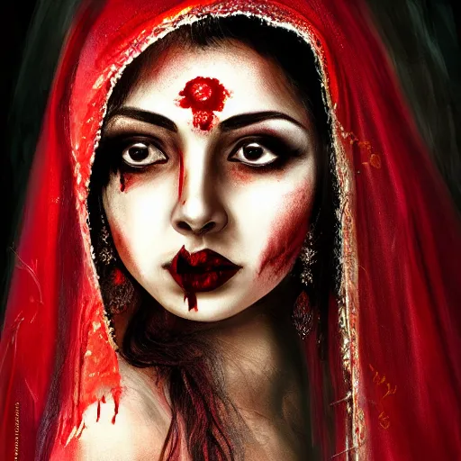 Prompt: beautiful Hindu lady of the dark with veil, cover with blood, horror, soft light, realistic, photorealistic, ultra detailed, high definition, full HD, 8k