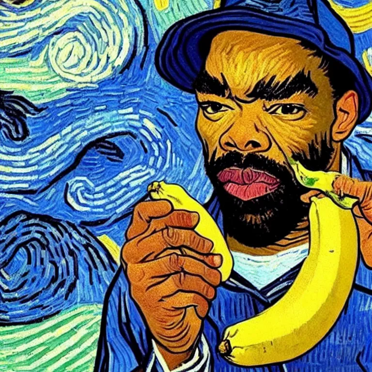 Image similar to method man eating a banana in the style of van gogh