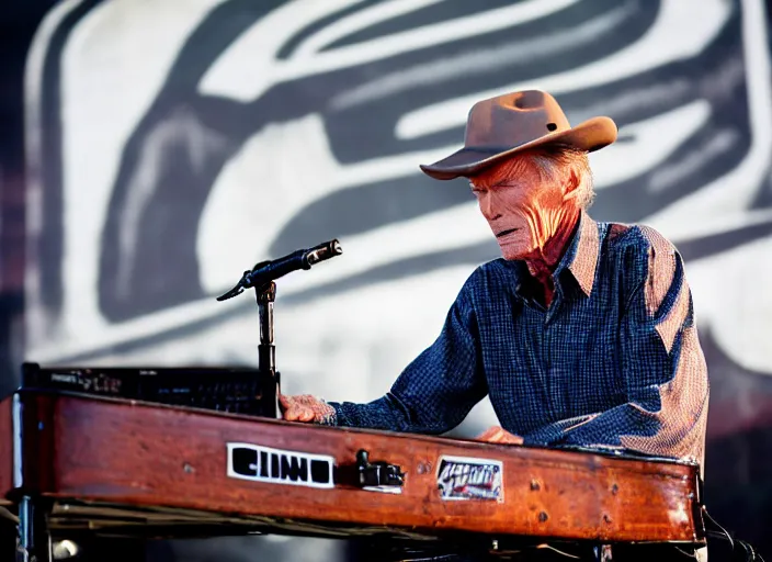 Image similar to photo still of clint eastwood on stage at vans warped tour!!!!!!!! at age 6 8 years old 6 8 years of age!!!!!!!! playing a piano on fire, 8 k, 8 5 mm f 1. 8, studio lighting, rim light, right side key light