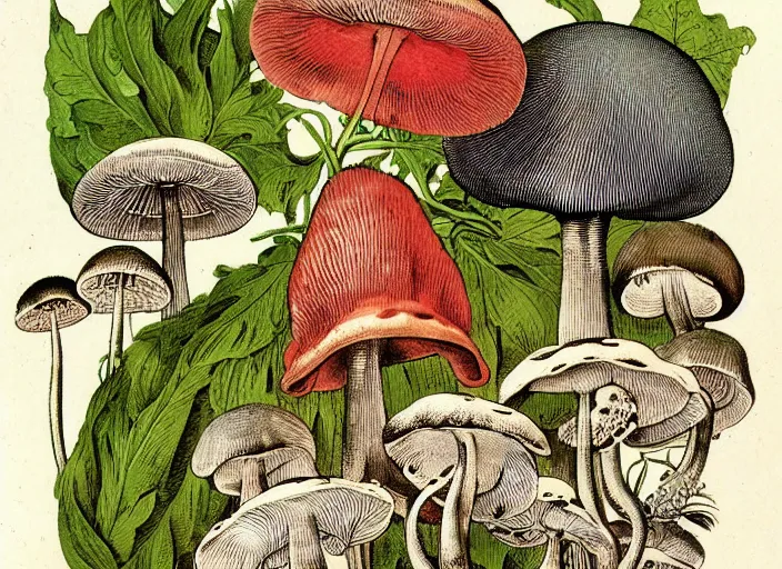 Prompt: mushrooms very rich life textbook scientific botanical mycological illustration, made by Wenceslas Hollar and Ernst Haeckel in vintage Victorian England colourised print style with saturated colours