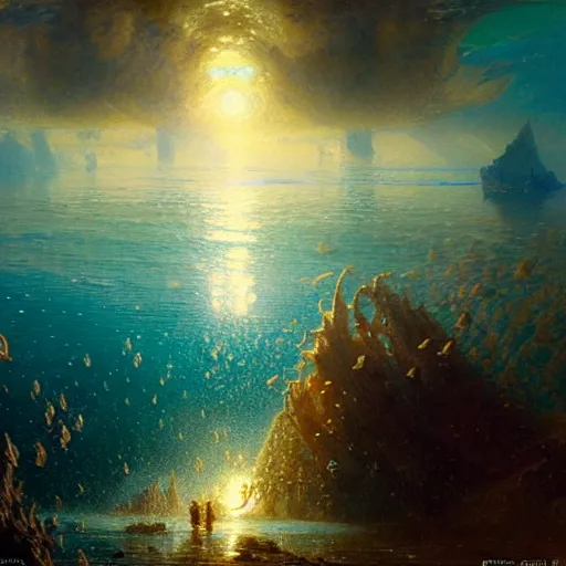 Prompt: point of view of deep in the ocean looking up, you see fishes, higher up you see the splendorous milk way illuminating the sea. highly detailed painting by gaston bussiere, greg rutkowski 8 k