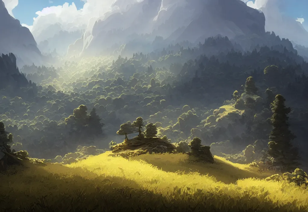 Image similar to mountain landscape without people, high trees, top of the hill, above low layered clouds, deep focus, fantasy, intricate, elegant, highly detailed, digital painting, artstation, concept art, matte, sharp focus, illustration, hearthstone, art by rhads and artgerm and greg rutkowski and alphonse mucha. gediminas pranckevicius