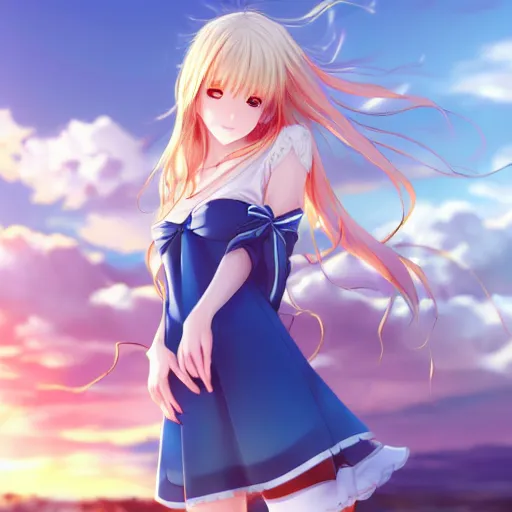 Image similar to a very beautiful anime cute girl, full body, long wavy blond hair, sky blue eyes, full round face, short smile, fancy top, miniskirt, front view, summer lake setting, cinematic lightning, medium shot, mid-shot, highly detailed, cinematic wallpaper by Stanley Artgerm Lau