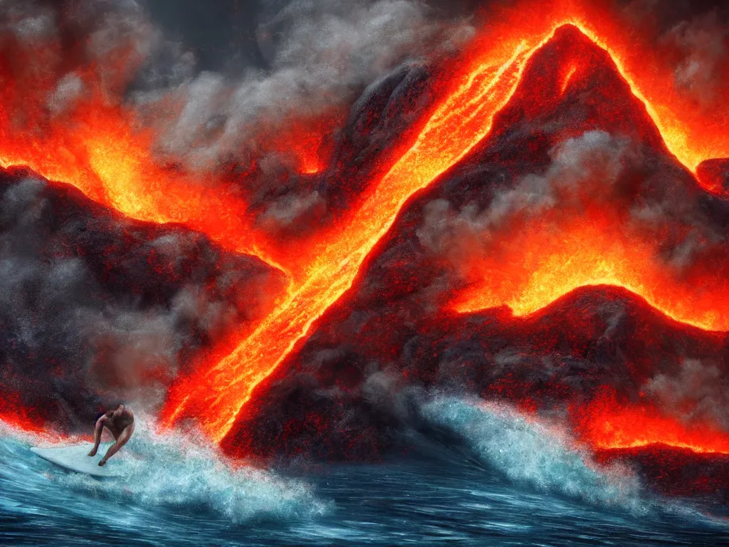 Image similar to arnold schwarzenegger surfing, lava, erupting volcano, muscular, stunning scene, 8 k, extremely detailed digital painting, depth, bright colors, trending on artstation