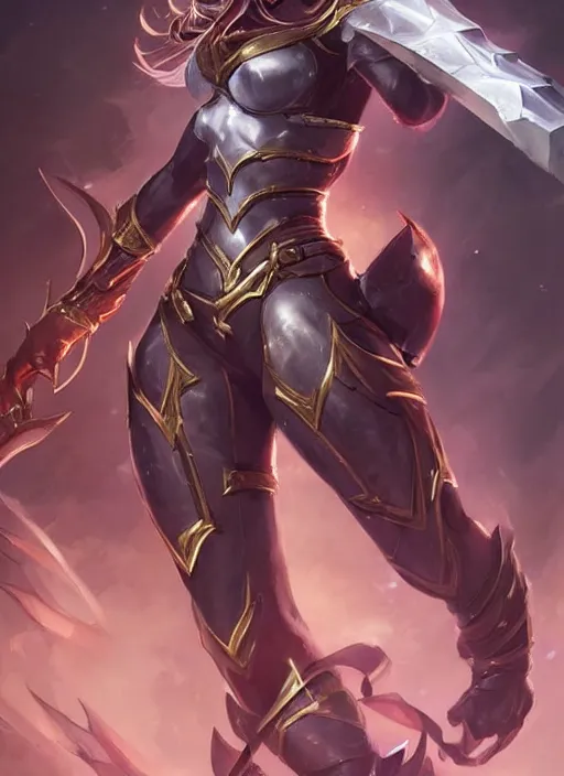 Image similar to beautiful new female character for league of legends, character concept art, action pose, illustration, full body armor, steel plating, huge weapon, super powers, athletic, symmetry, intricate design, shiny, highly detailed, 4 k, dramatic lighting, art by artgerm and greg rutkowski