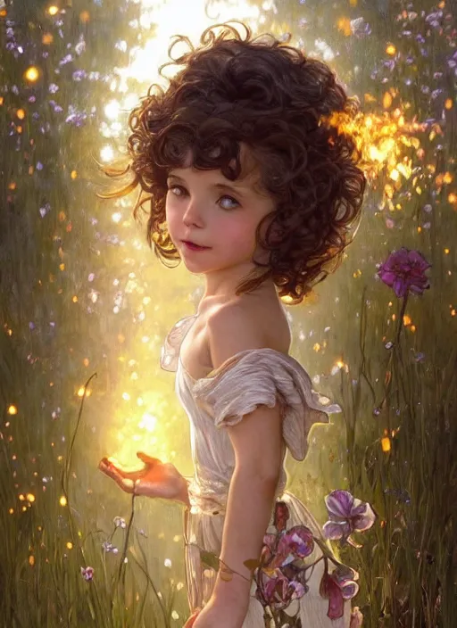 Image similar to a cute little girl with short curly brown hair with a happy expression wearing a summer dress dancing with fireflies, she is in the distance. beautiful fantasy art by by artgerm and greg rutkowski and alphonse mucha, trending on artstation.