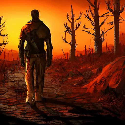 Prompt: a lonely wanderer from fallout walks along a lonely road into the sunset through the scorched wastelands, artstation