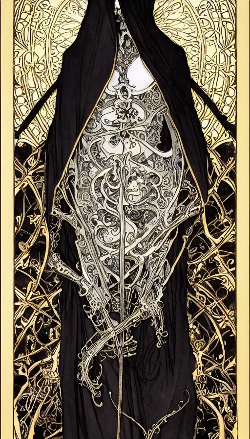 Image similar to a skeleton in a black cloak, highly detailed, very intricate, art nouveau, gold filigree, left right symmetry, tarot concept art watercolor illustration by mandy jurgens and alphonse mucha and alena aenami, featured on artstation