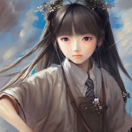 Image similar to dynamic composition, motion, ultra-detailed, incredibly detailed, a lot of details, amazing fine details and brush strokes, colorful and grayish palette, smooth, HD semirealistic anime CG concept art digital painting, watercolor oil painting of a Japanese schoolgirl, by a Chinese artist at ArtStation, by Huang Guangjian, Fenghua Zhong, Ruan Jia, Xin Jin and Wei Chang. Realistic artwork of a Chinese videogame, gradients, gentle an harmonic grayish colors.