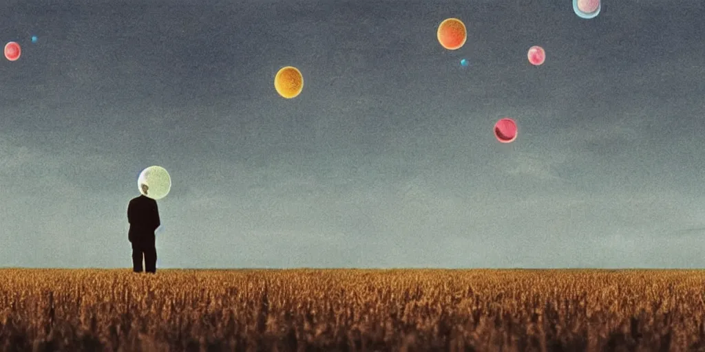 Prompt: an old man in a field looking at multiverse bubbles in the sky, scene from a stanley kubrick movie, in color