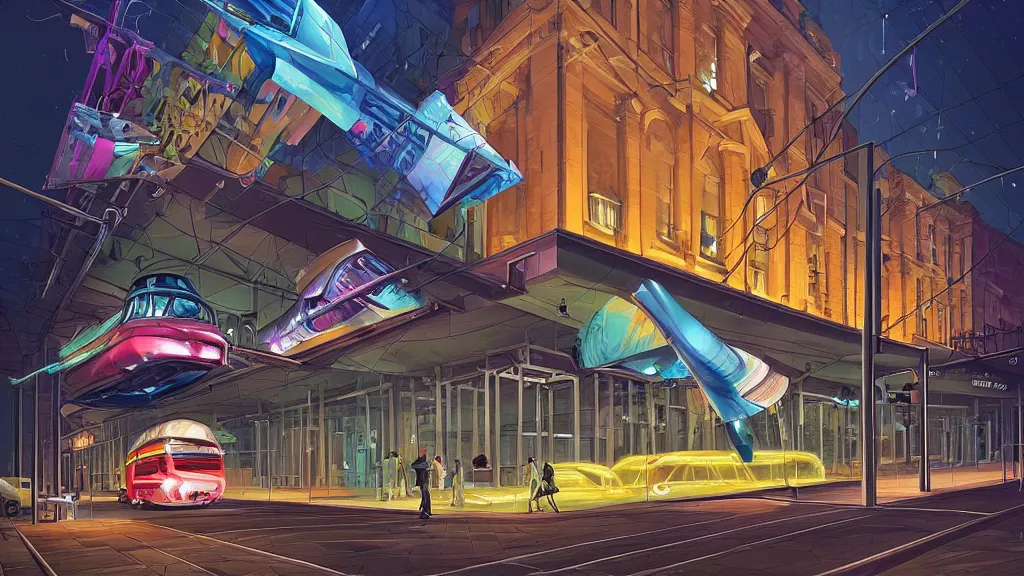 Image similar to street view of the national museum in the city at night by cyril rolando and naomi okubo and dan mumford and zaha hadid. flying cars. advertisements. neon. tram.