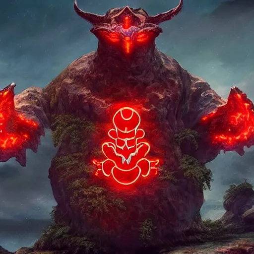 Image similar to a large rock elemental with glowing red runes adorning its body, it has a head shaped like a medieval helmet and one of its arms is much larger than the other, it stands menacingly with the camera looking up at it, high quality fantasy art