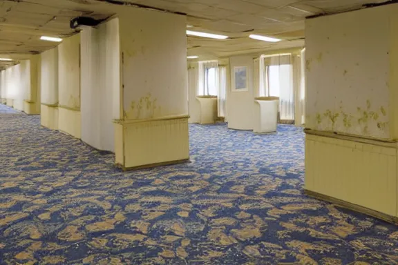 Image similar to an endless space of empty connecting rooms with old yellowed wallpaper from the 1970s and beige carpet lit by fluorescent lights