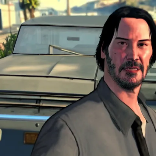 Image similar to Keanu Reeves driving ford mustand in gta5