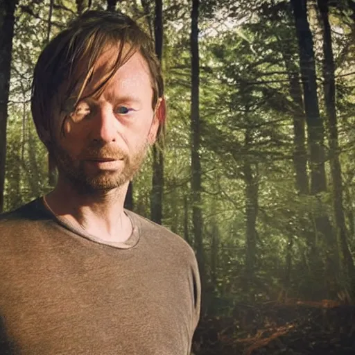 Prompt: thom yorke singer songwriter in a forest in a spacesuit filling up with water, waterline refractions, anamorphic lens flare, beautiful blueish eyes, eyes reflecting into eyes reflecting into infinity, spherical tiny round eye pupils, eyes reflecting into eyes reflecting into infinity, dramatic lighting