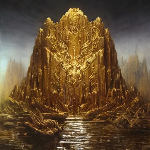 Image similar to the throne of abudance, matte painting, gold waterfalls | highly detailed oil painting, hyperrealistic, very intrincate | cinematic lighting, award - winning | by rachel ruysch, giger, beksinski and bocklin | by austin osman spare and william blake, trending on artstation, cgsociety, official art, octane.