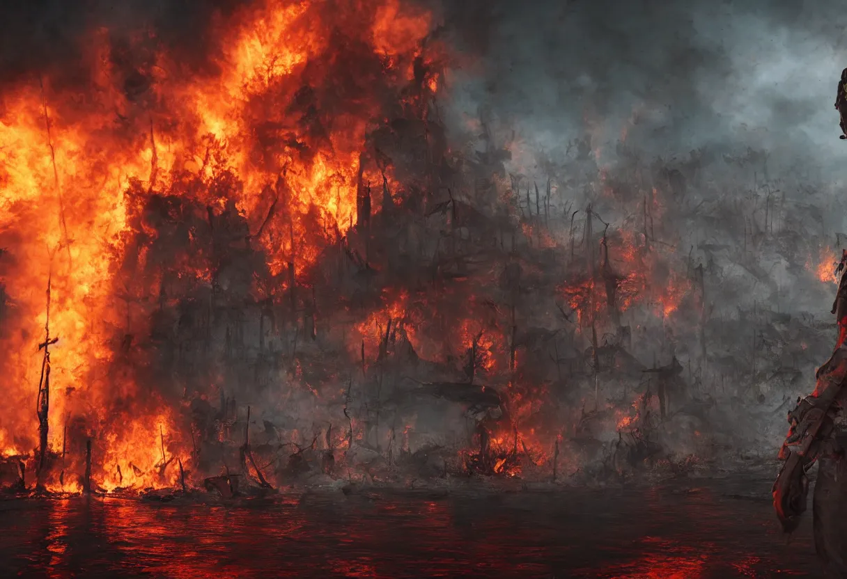 Image similar to faces of death in burning blood river, ominous apocalyptic background, hyperrealism, realistic, dramatic lighting, octane render, highly detailed, cinematic lighting, cinematic, art by wes benscoter